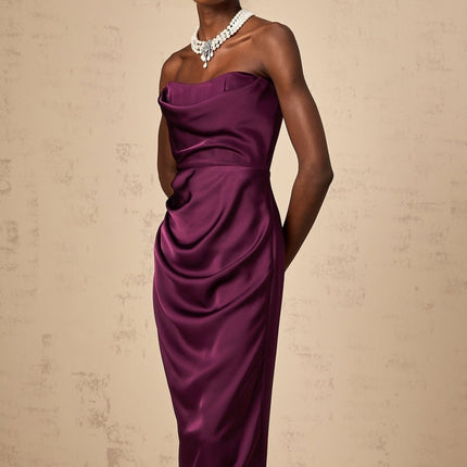 Massimiliana Purple Satin Off-Shoulder Midi Dress with Cut-Out Details and Ruched Accents