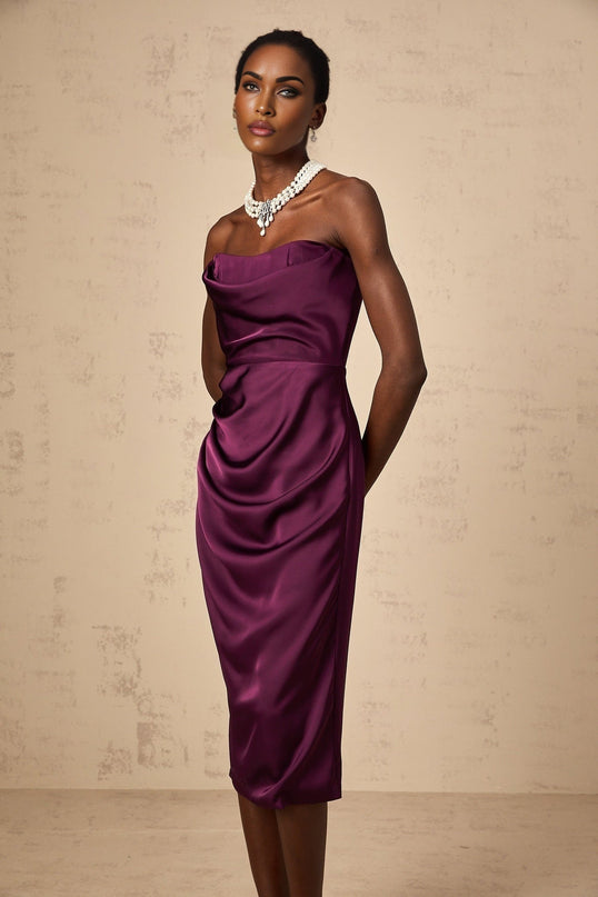 Massimiliana Purple Satin Off-Shoulder Midi Dress with Cut-Out Details and Ruched Accents