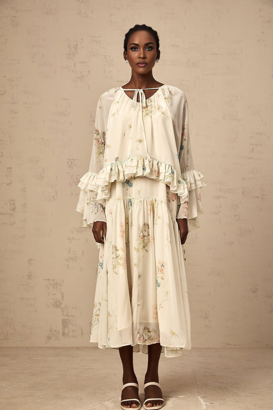 Matching floral print outfit featuring a ruffled blouse and dress in Melissa style