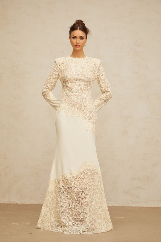 Mathilde maxi dress in off white with textured floral embroidery and sequin details
