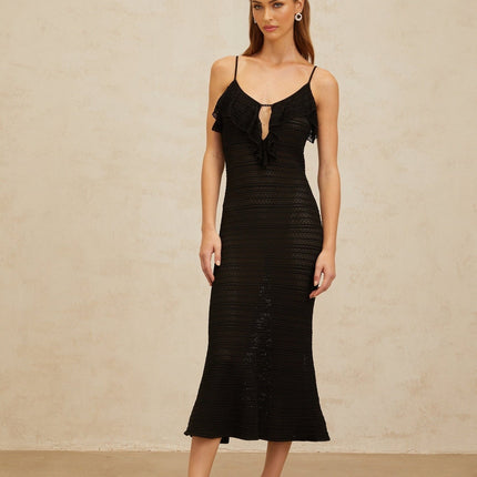 Matilde Black Crochet Knit Midi Dress with Ruffled Trim Scoop Neck Sleeveless Fitted Waistline Cut-Out Detailing Flared Hem Calf-Length Beauty Terylene Viscose Nylon Slip-On Style Modern Femininity Special Occasion Timeless Style