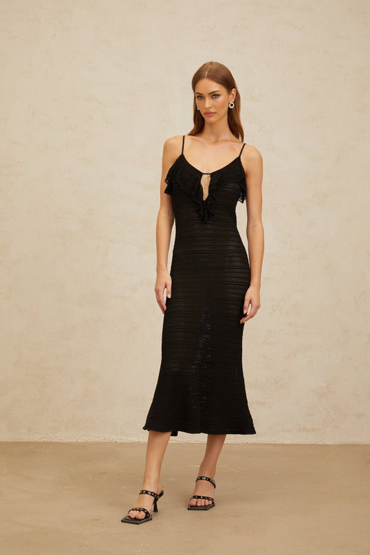 Matilde Black Crochet Knit Midi Dress with Ruffled Trim Scoop Neck Sleeveless Fitted Waistline Cut-Out Detailing Flared Hem Calf-Length Beauty Terylene Viscose Nylon Slip-On Style Modern Femininity Special Occasion Timeless Style