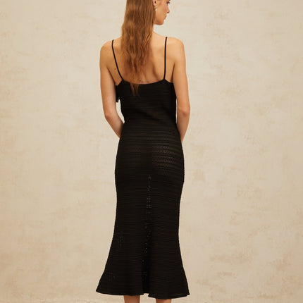 Matilde Black Crochet Knit Ruffled Trim Midi Dress Scoop Neck Sleeveless Fitted Waistline Cut-Out Detailing Flared Hem Calf-Length Terylene Viscose Nylon Slip-On Style Special Occasion Modern Femininity
