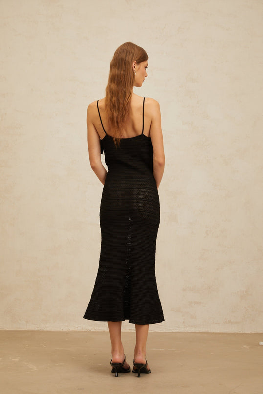 Matilde Black Crochet Knit Ruffled Trim Midi Dress Scoop Neck Sleeveless Fitted Waistline Cut-Out Detailing Flared Hem Calf-Length Terylene Viscose Nylon Slip-On Style Special Occasion Modern Femininity