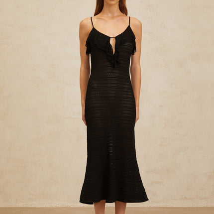 Matilde Black Crochet Knit Ruffled Trim Midi Dress Scoop Neck Sleeveless Fitted Waist Cut-Out Detailing Flared Hem Calf-Length Terylene Viscose Nylon Slip-On Style Modern Femininity Special Occasion Timeless Style