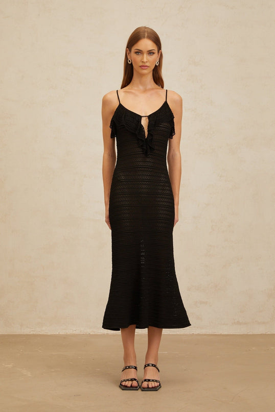 Matilde Black Crochet Knit Ruffled Trim Midi Dress Scoop Neck Sleeveless Fitted Waist Cut-Out Detailing Flared Hem Calf-Length Terylene Viscose Nylon Slip-On Style Modern Femininity Special Occasion Timeless Style