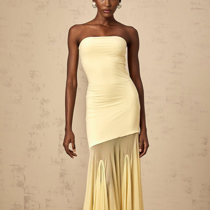 Matilde Yellow Maxi Dress in Celestial Tulle with Off-Shoulder Design and Pleated Detailing