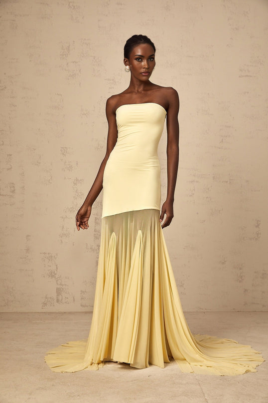Matilde Yellow Maxi Dress in Tulle and Pleats