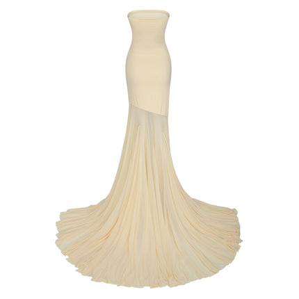 Matilde Yellow Maxi Dress Ethereal Grace Sophistication Tulle Pleated Off-Shoulder Semi-Sheer Radiant Sleeveless Floor-Length Luxurious Opulent