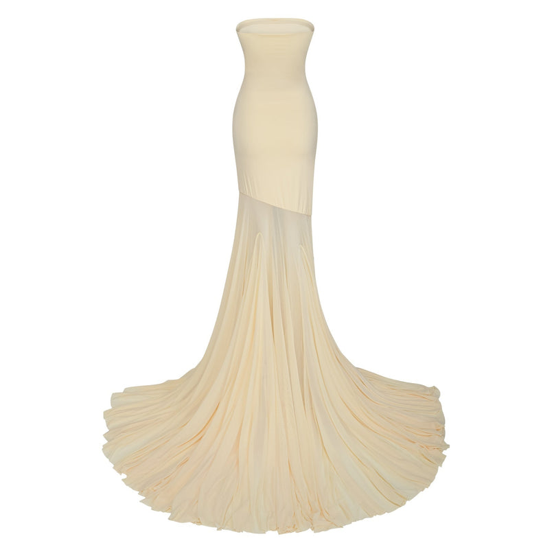 Matilde Yellow Maxi Dress Ethereal Grace Sophistication Tulle Pleated Off-Shoulder Semi-Sheer Radiant Sleeveless Floor-Length Luxurious Opulent