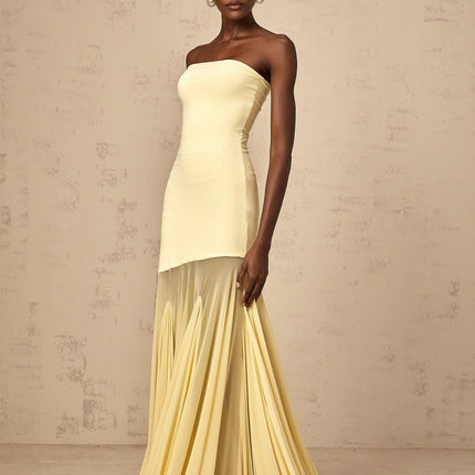 Matilde Yellow Maxi Dress Tulle Pleated Off-Shoulder Semi-Sheer Sleeveless Gown Floor-Length Radiant Luxurious Elegant