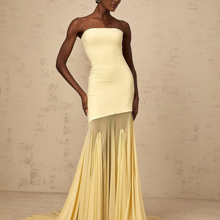 Matilde Yellow Maxi Dress Elegant Tulle Pleated Off-Shoulder Semi-Sheer Stretch Floor-Length Gown