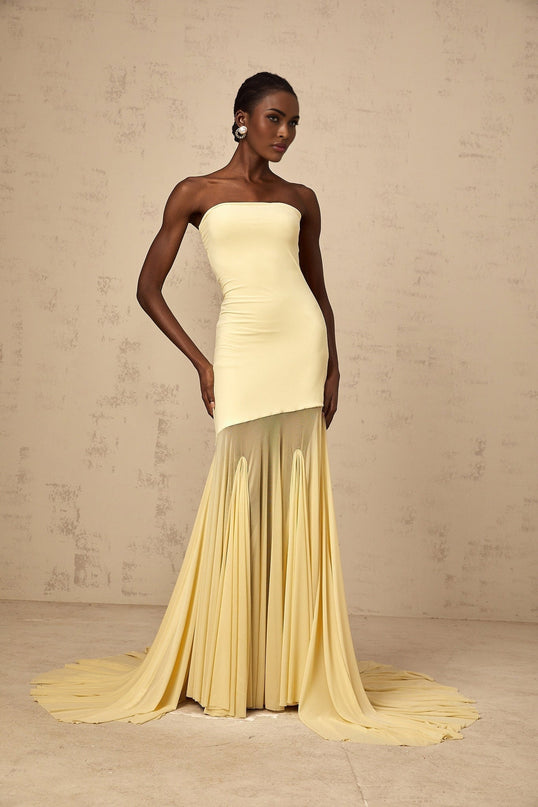 Matilde Yellow Maxi Dress Elegant Tulle Pleated Off-Shoulder Semi-Sheer Stretch Floor-Length Gown