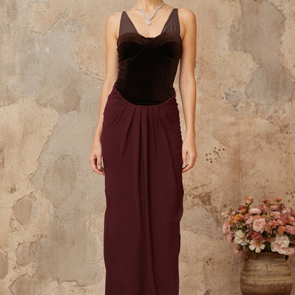 Mattea Brown Burgundy Velvet Panel Maxi Dress