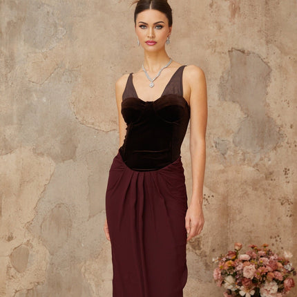 Mattea Brown Burgundy Velvet Panel Maxi Dress V-Neck Sleeveless Adjustable Straps Color Blocked Shirred Effect Built-in Cups Bra Lined Rear Zip Fastening Cotton Terylene Fiber