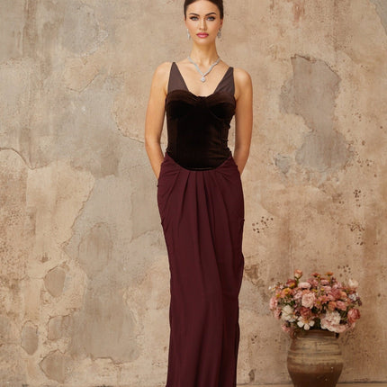 Mattea Brown Burgundy Velvet Panel Maxi Dress