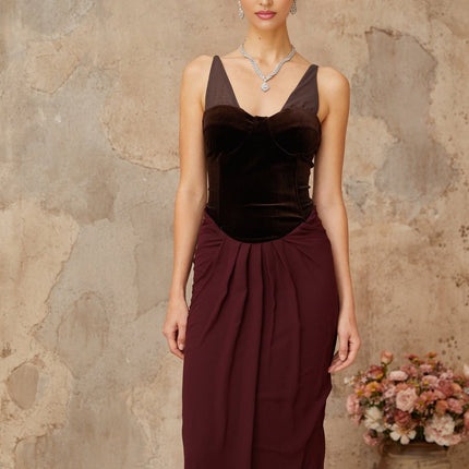 Mattea Brown Burgundy Velvet Panel Maxi Dress