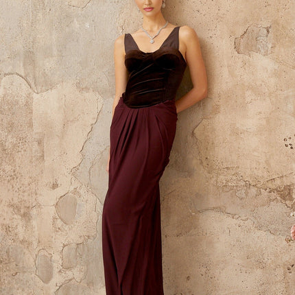 Mattea Brown Burgundy Velvet Panel Maxi Dress