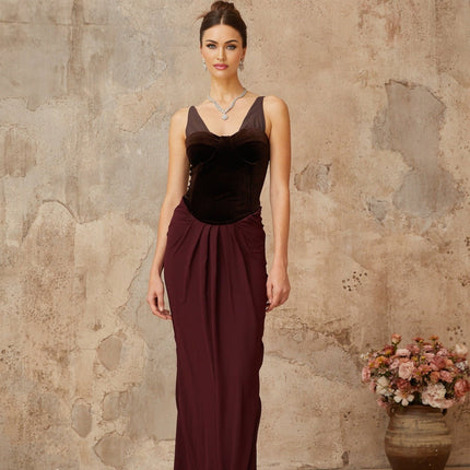 Mattea Brown Burgundy Velvet Panel Maxi Dress V-Neck Sleeveless Adjustable Straps Color Blocked Detailing Shirred Effect Built-In Cups Bra Lined Rear Zip Fastening Cotton Terylene Fiber
