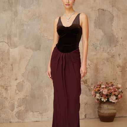 Mattea Brown Burgundy Velvet Panel Maxi Dress