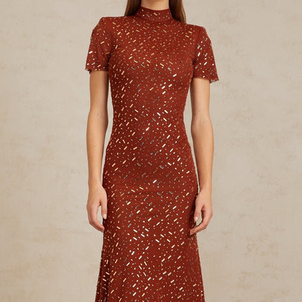 Mattea Brown Flared Tulle Midi Dress with Rhinestone Embellishments