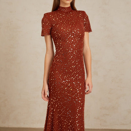 Mattea Brown Flared Tulle Midi Dress with Rhinestone Embellishments