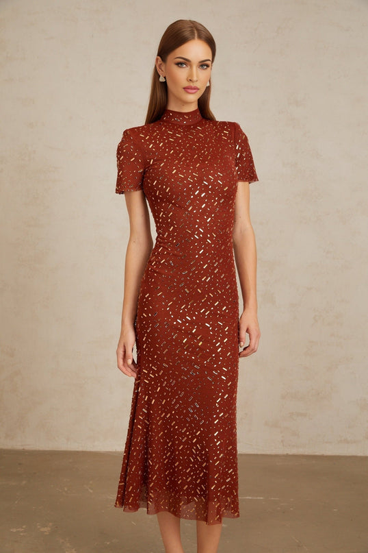 Mattea Brown Flared Tulle Midi Dress with Rhinestone Embellishments