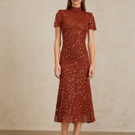 Mattea Brown Flared Tulle Midi Dress with Rhinestone Embellishments