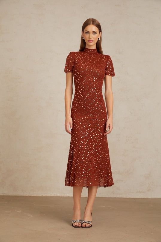 Mattea Brown Flared Tulle Midi Dress with Rhinestone Embellishments