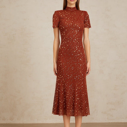 Mattea Brown Flared Tulle Midi Dress with Rhinestone Embellishments