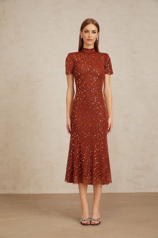 Mattea Brown Flared Tulle Midi Dress with Rhinestone Embellishments