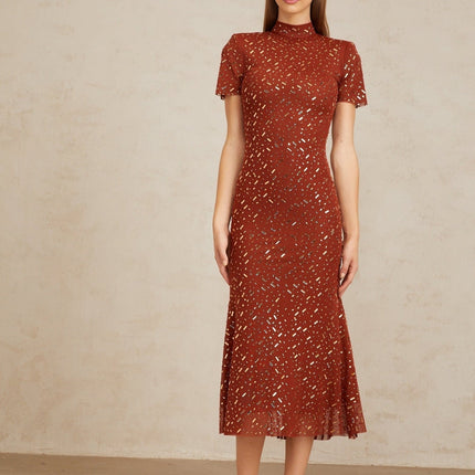 Mattea Brown Tulle Midi Dress with Rhinestone and Crystal Embellishments