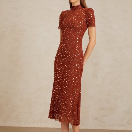 Mattea Brown Tulle Midi Dress with Rhinestone Embellishments