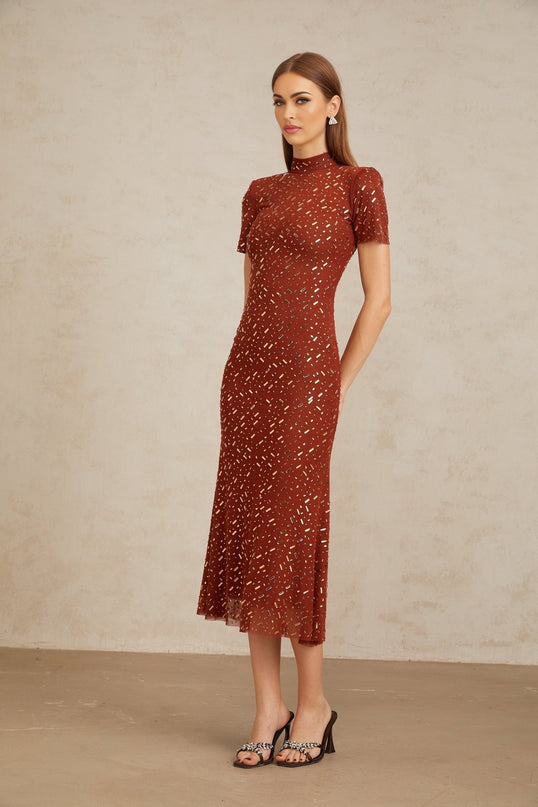Mattea Brown Tulle Midi Dress with Rhinestone Embellishments