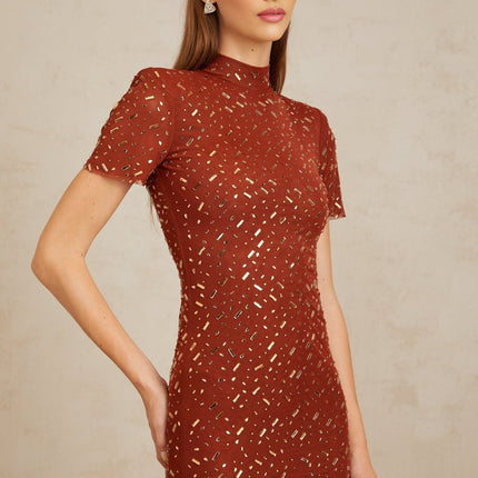 Mattea Brown Tulle Midi Dress with Rhinestone Embellishments