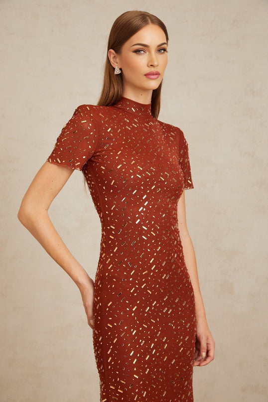 Mattea Brown Tulle Midi Dress with Rhinestone Embellishments