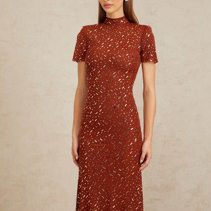Mattea Brown Tulle Midi Dress with Rhinestone Embellishments
