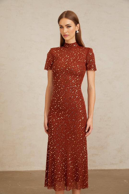 Mattea Brown Tulle Midi Dress with Rhinestone Embellishments