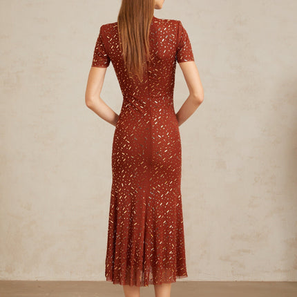 Mattea Brown Tulle Rhinestone Crystal Embellished Midi Dress