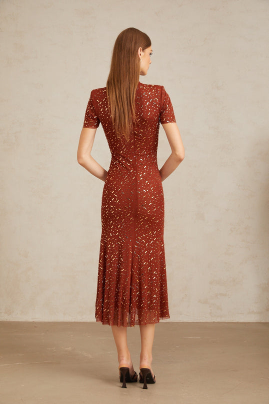 Mattea Brown Tulle Rhinestone Crystal Embellished Midi Dress