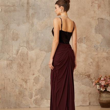 Mattea Brown Velvet Panel Maxi Dress
