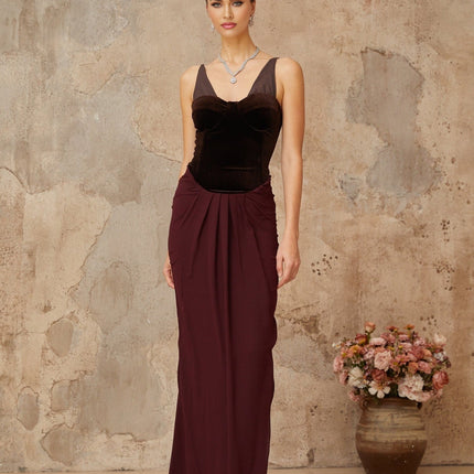 Mattea Brown Velvet Panel Maxi Dress Burgundy Sleeveless V-Neck Adjustable Straps Color Blocked Detailing Shirred Effect Built-In Cups Bra Lined Rear Zip Fastening 95% Cotton 5% Terylene Fiber