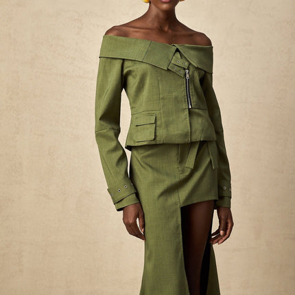 Mattea Green Asymmetric Matching Set Jacket and Skirt