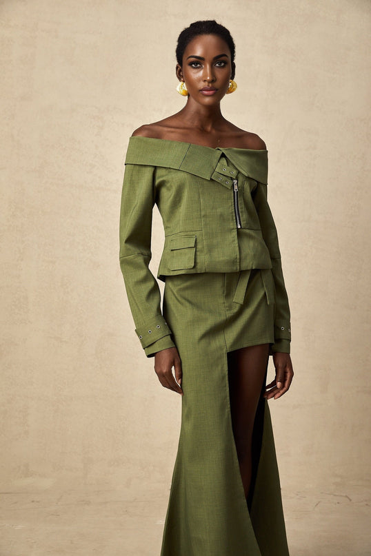 Mattea Green Asymmetric Matching Set Jacket and Skirt