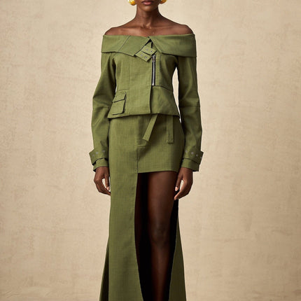 Mattea Green Asymmetric Matching Set Jacket Skirt