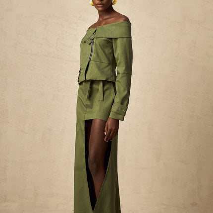 Mattea Green Asymmetric Matching Set Jacket Skirt
