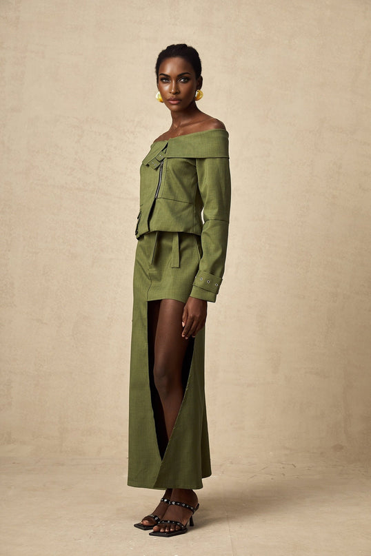 Mattea Green Asymmetric Matching Set Jacket Skirt