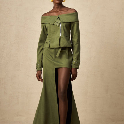 Mattea Green Asymmetric Matching Set Jacket Skirt Buckled Cuffs Off-Shoulder Patch Pocket Self-Tie Cut-Out Front Zip Midi Length Polyester Cotton