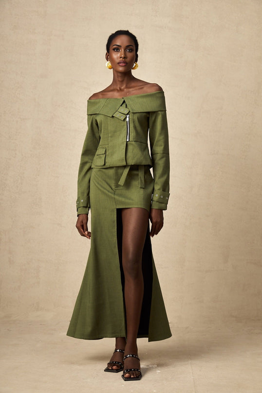 Mattea Green Asymmetric Matching Set Jacket Skirt Buckled Cuffs Off-Shoulder Patch Pocket Self-Tie Cut-Out Front Zip Midi Length Polyester Cotton