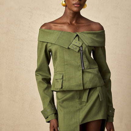 Mattea Green Asymmetric Matching Set Jacket Skirt Belted Buckled Cuffs Patch Pocket Front Zip Fastening High Rise Self Tie Cut Out Front Hook Midi Length Polyester Cotton